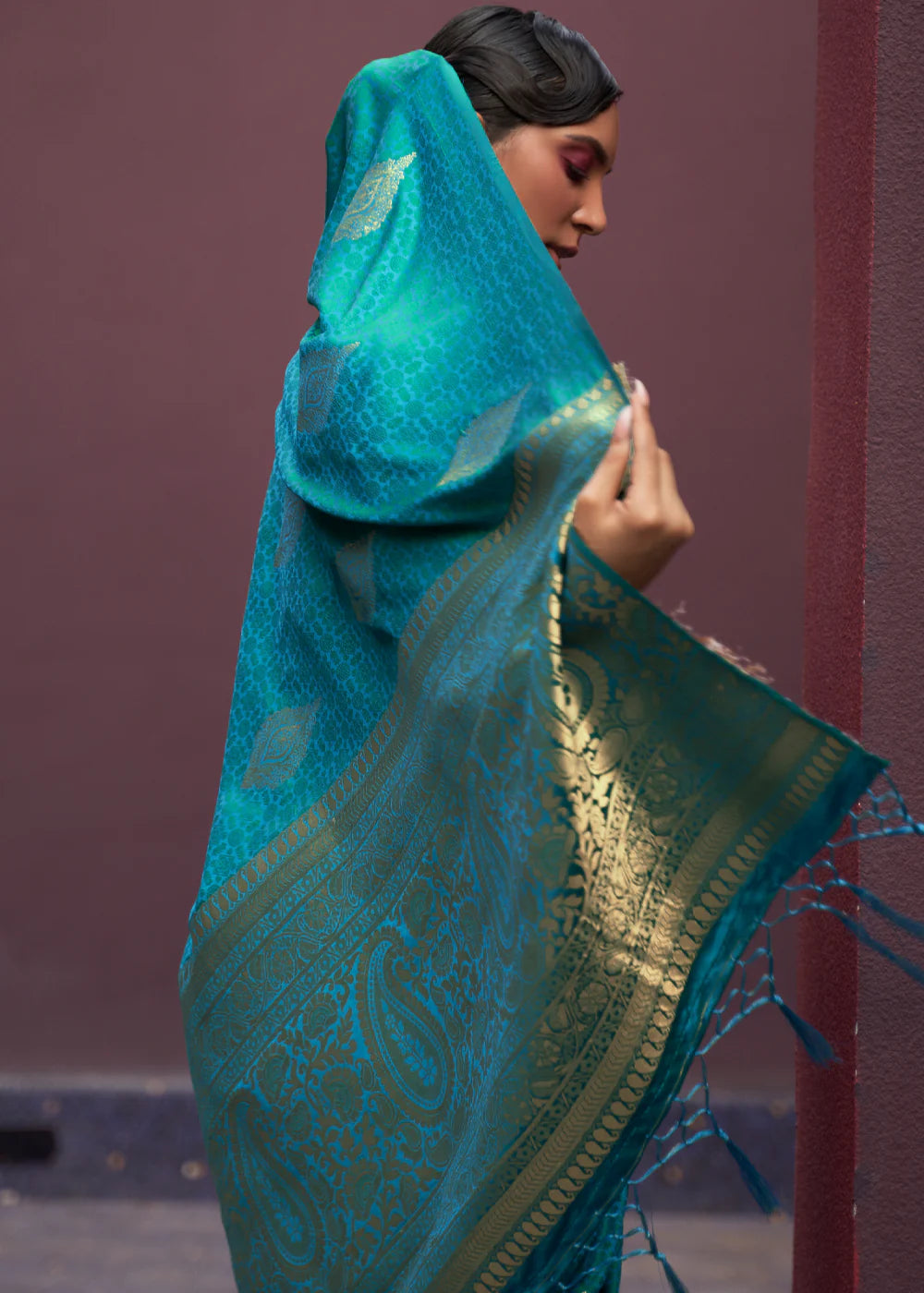 Rama color satin silk saree with blouse images