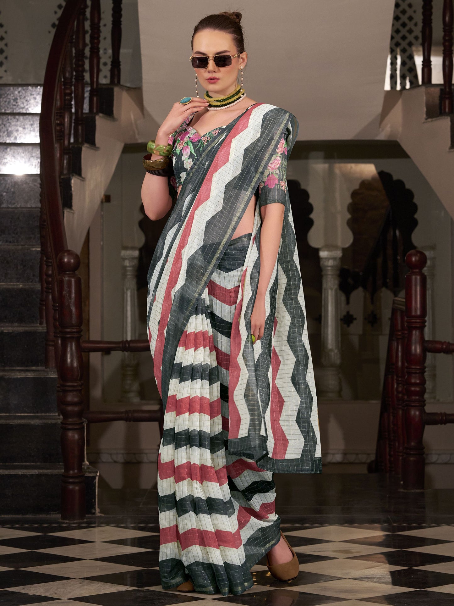 Multi color linen weaving saree for women