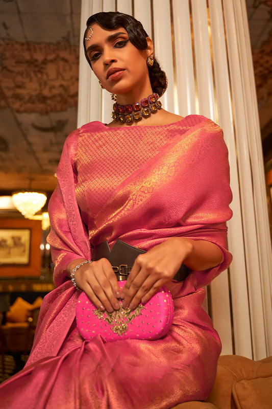 Pink color nylon satin saree with blouse online