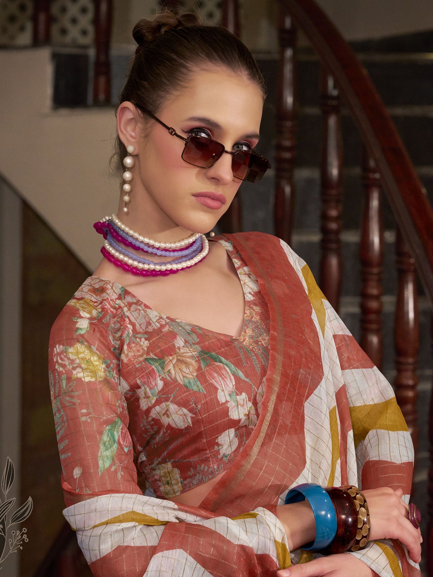 Rust color linen weaving saree with blouse online shopping