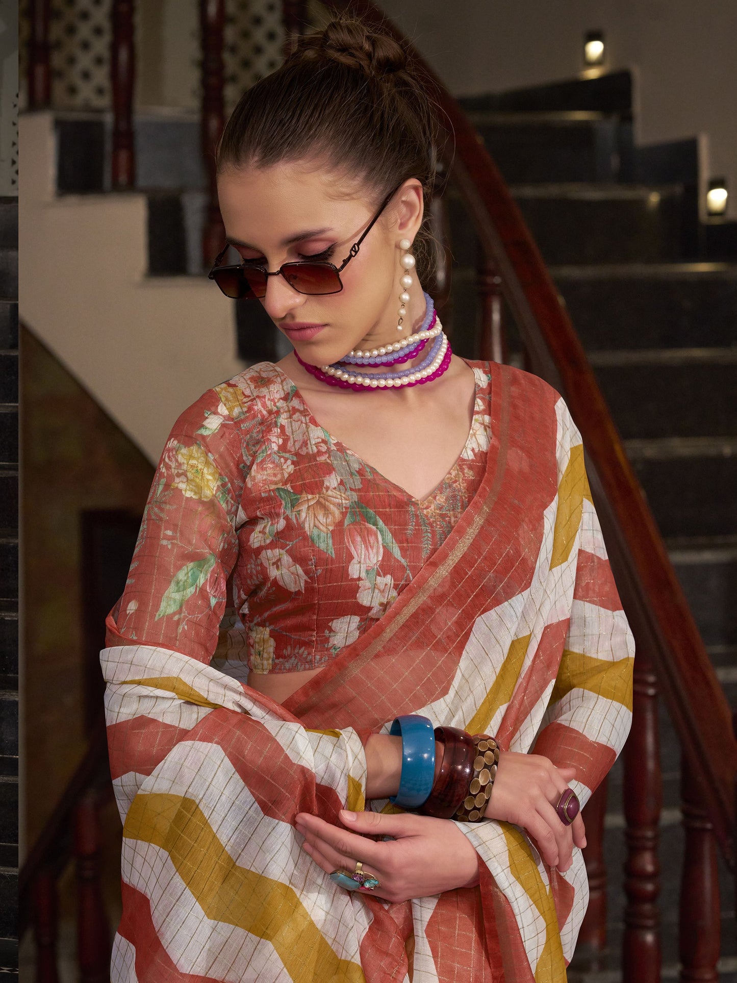 Rust color linen weaving saree with blouse price