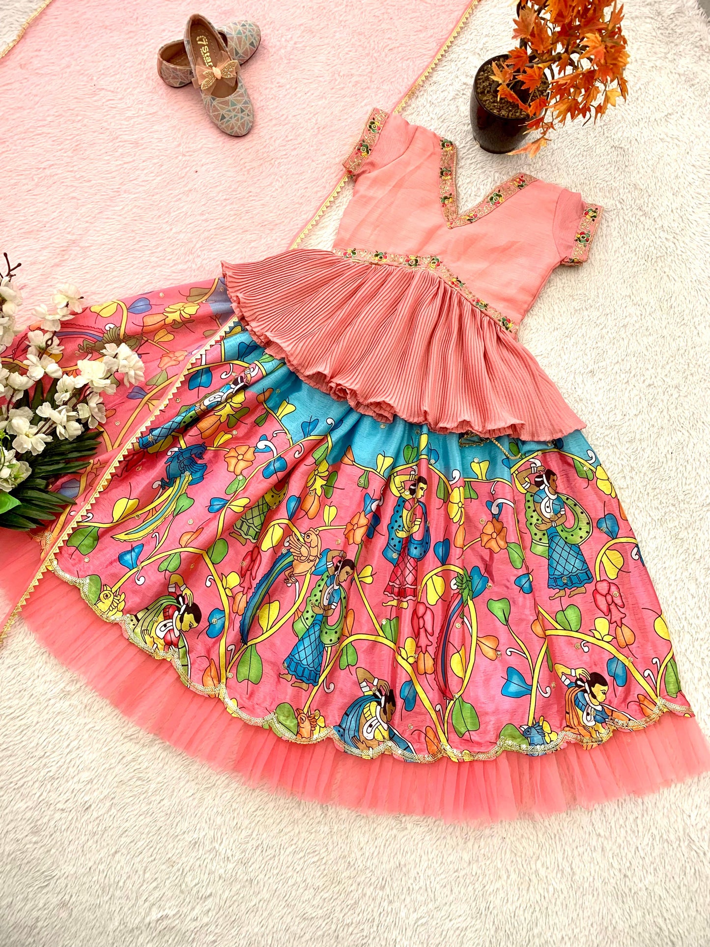 Girls Peach color chinon silk printed chaniya choli