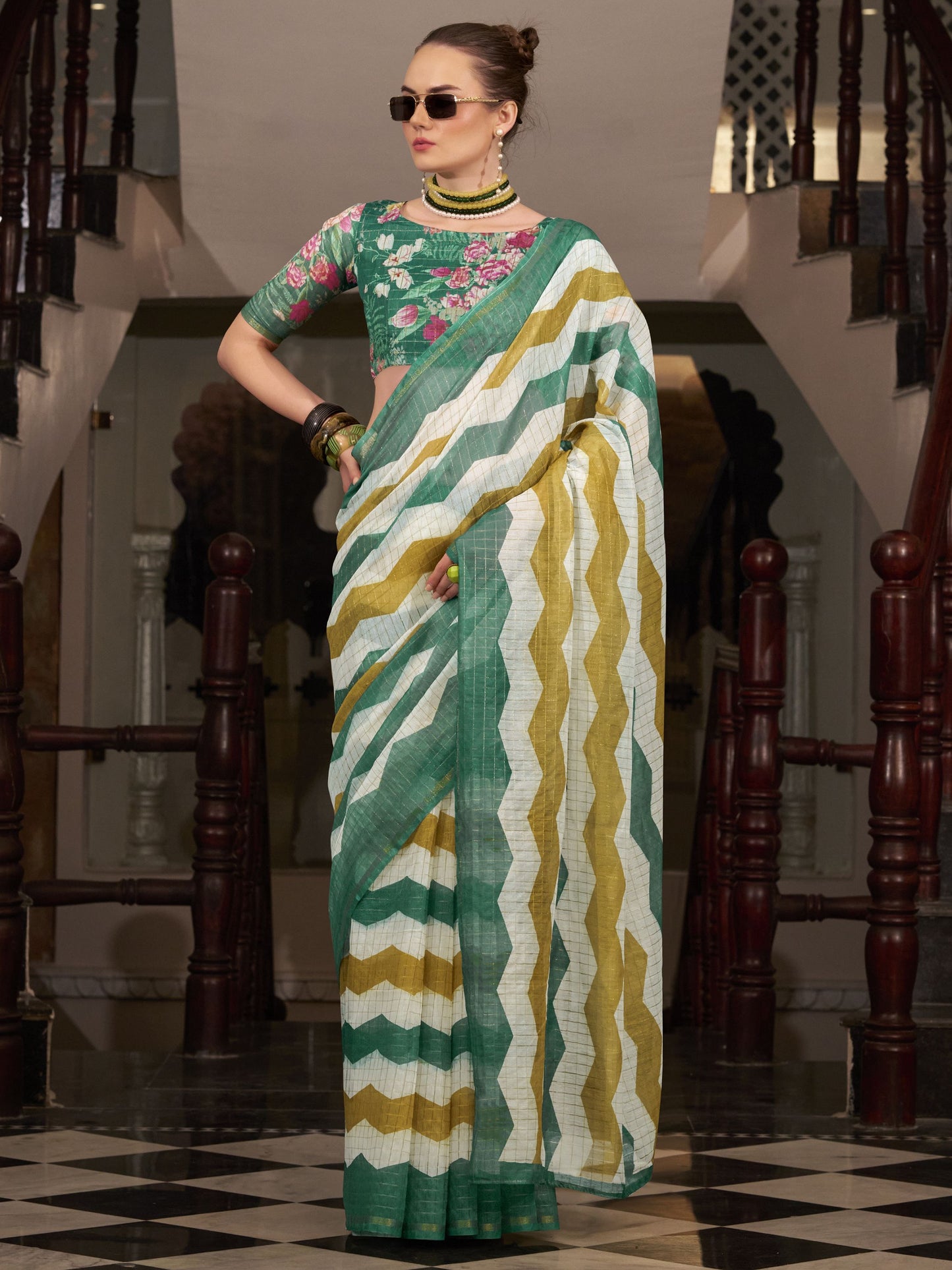 Green color linen zari weaving saree