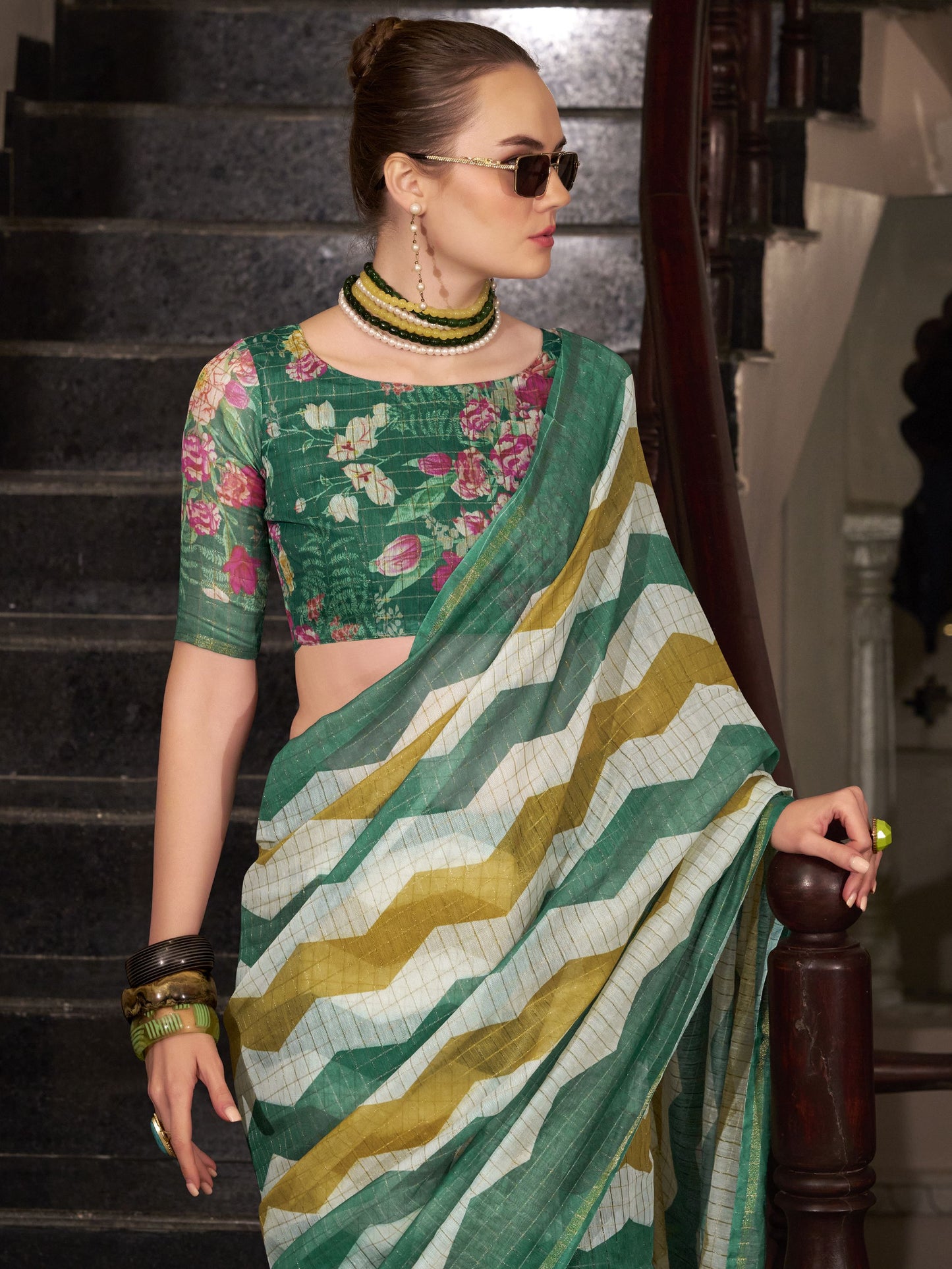 Green color linen zari weaving saree with blouse online