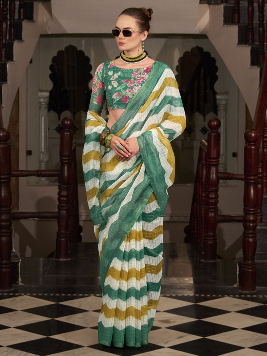 Green color linen zari weaving saree for women