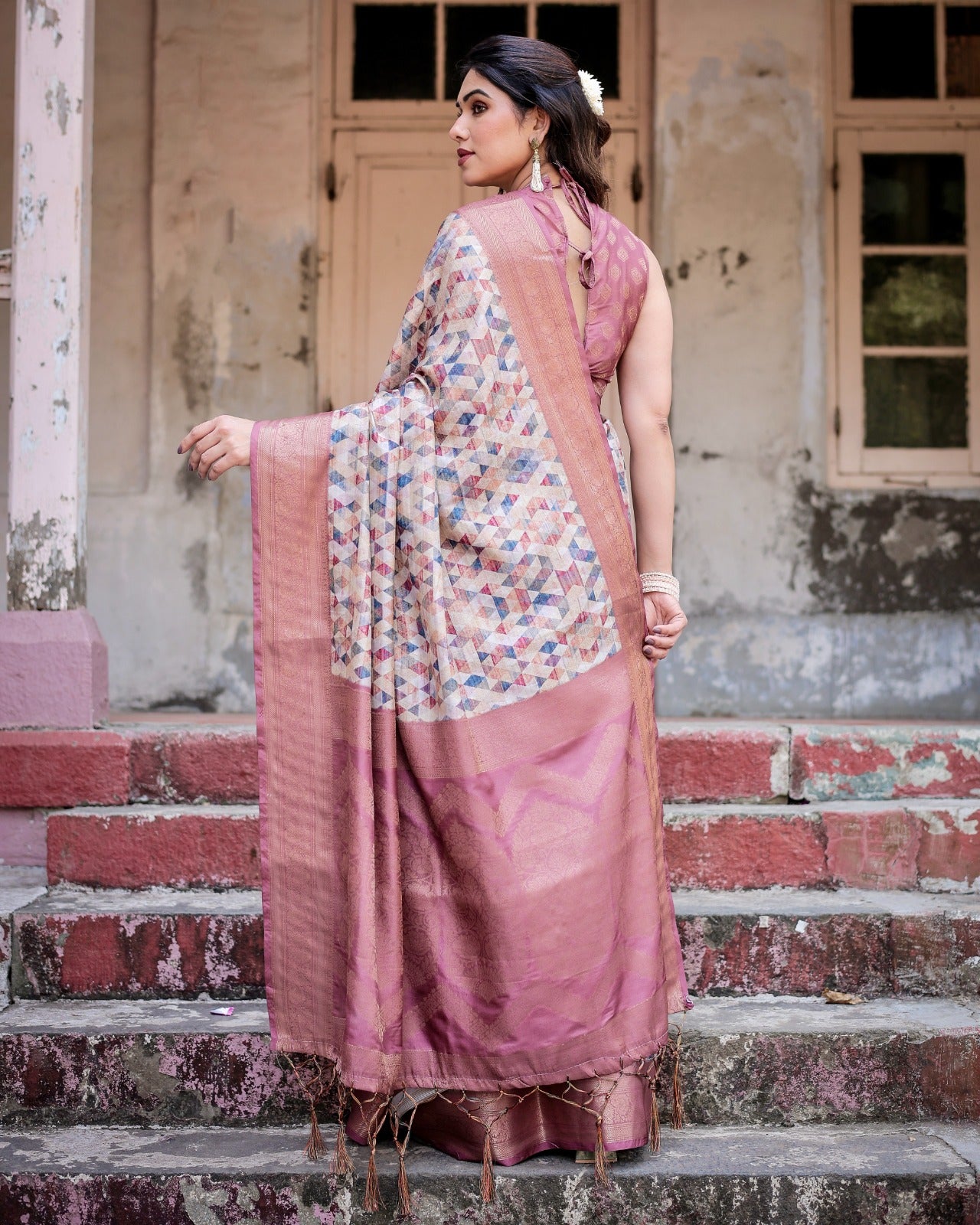 Rose pink color banarasi silk saree for wedding