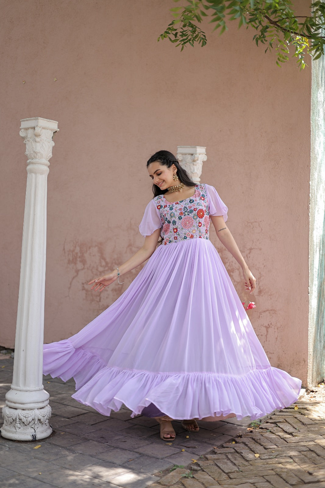 Purple gown party wear with sleeves