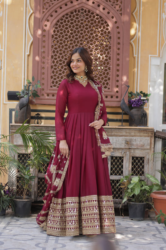 Maroon color georgette long gown with dupatta