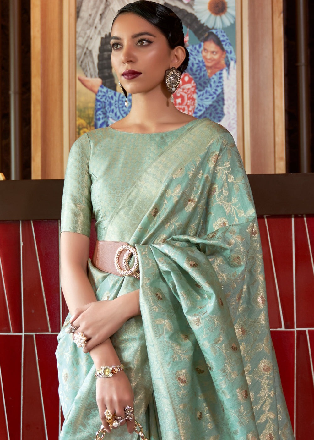 Dark green silk saree for women