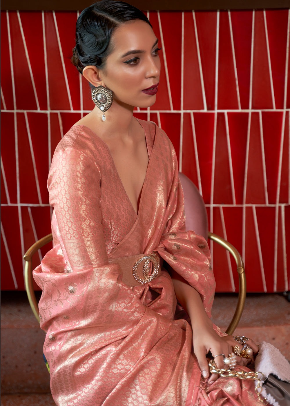 Peach color silk saree for women