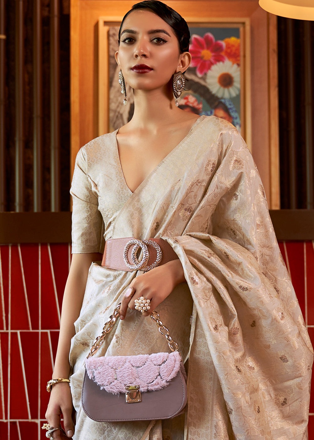 Beige color Saree with Golden Border