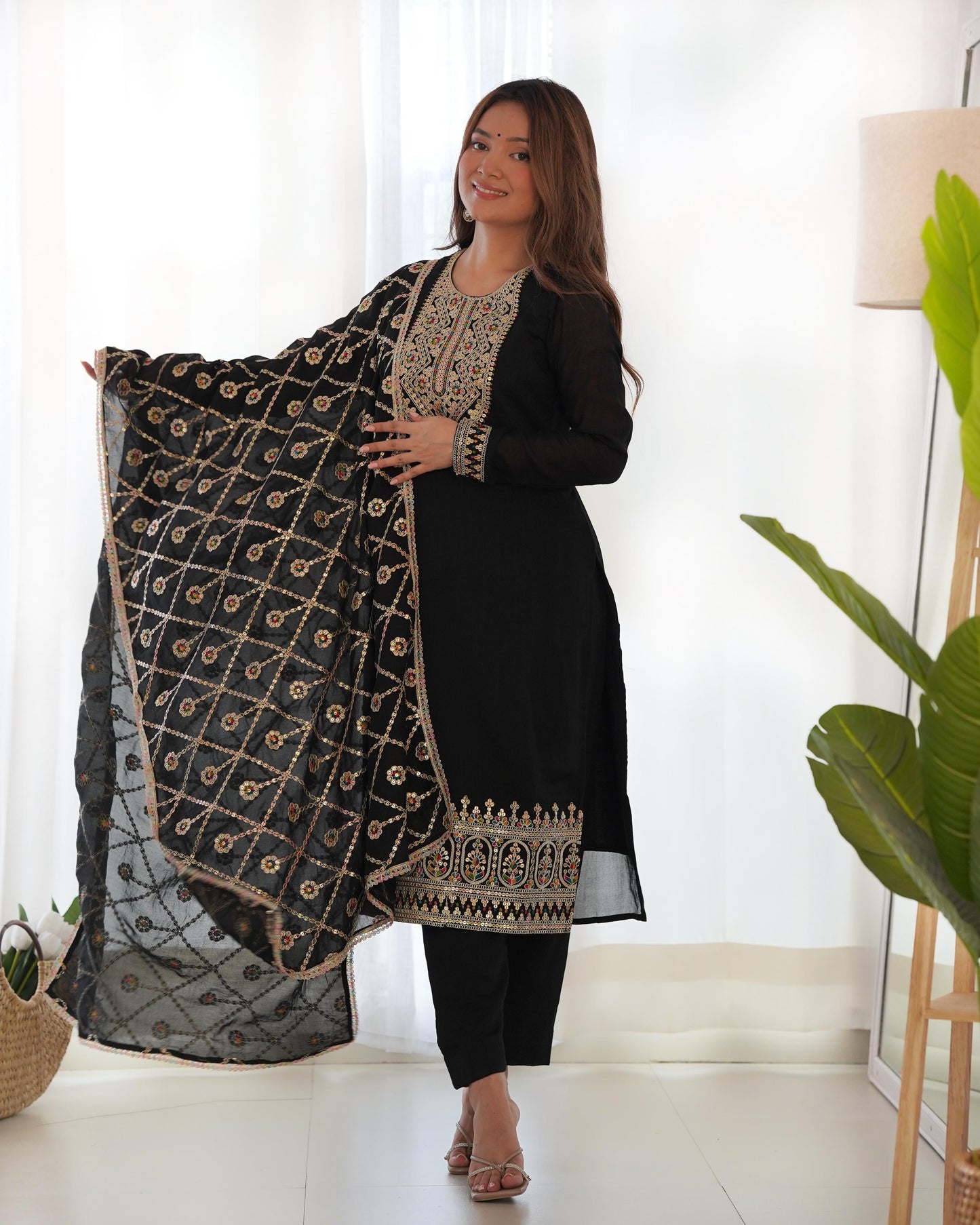 Elegant Black Color Vichitra Silk Sequins Work Kurti For Formal Event