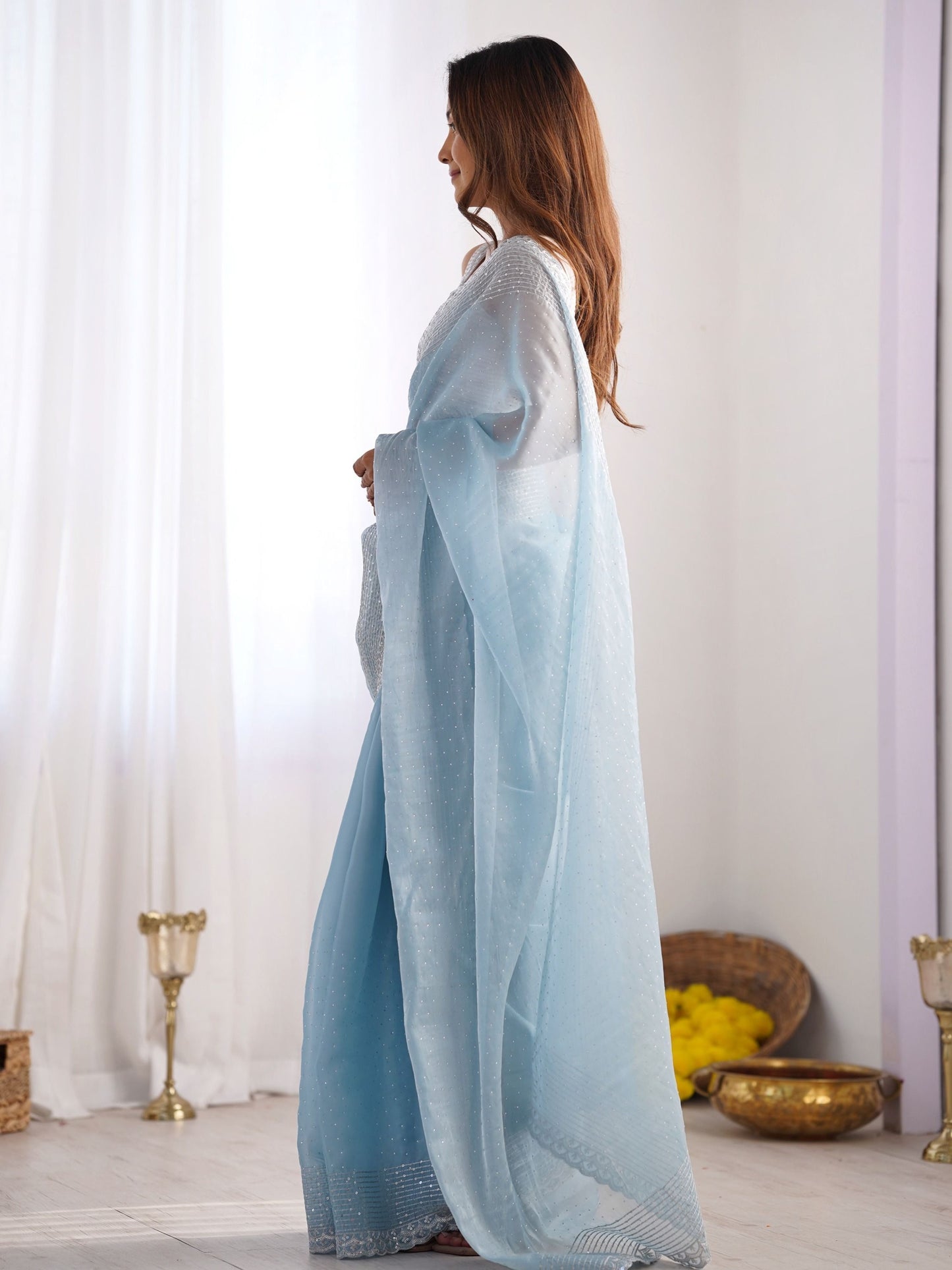 Sky Blue Jimmy Choo saree design