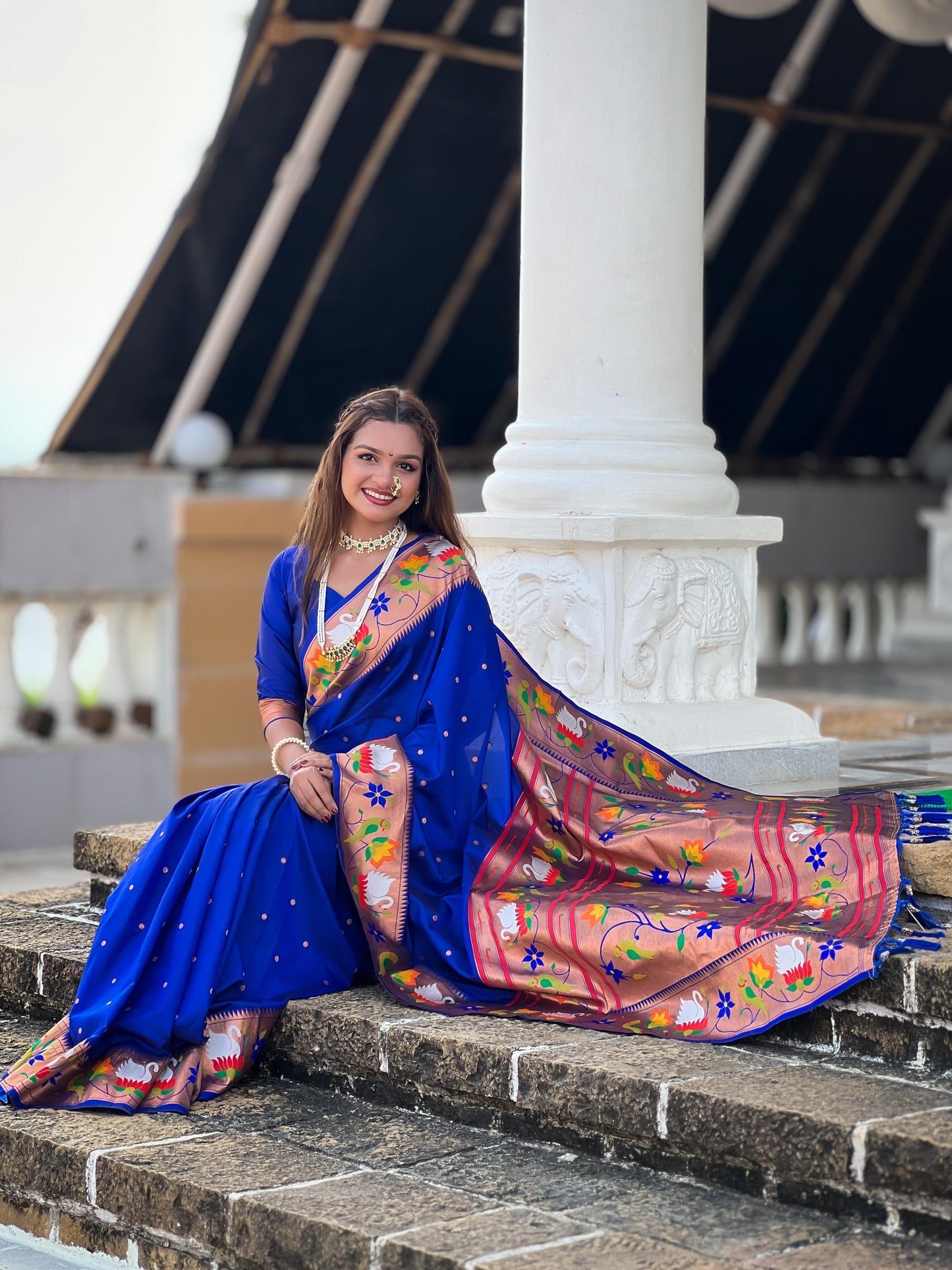 Blue color paithani silk saree with blouse design