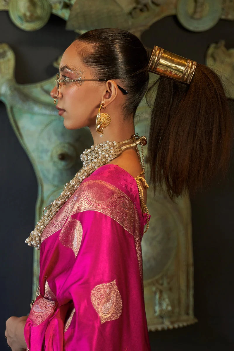 Pink color nylon satin saree with blouse online