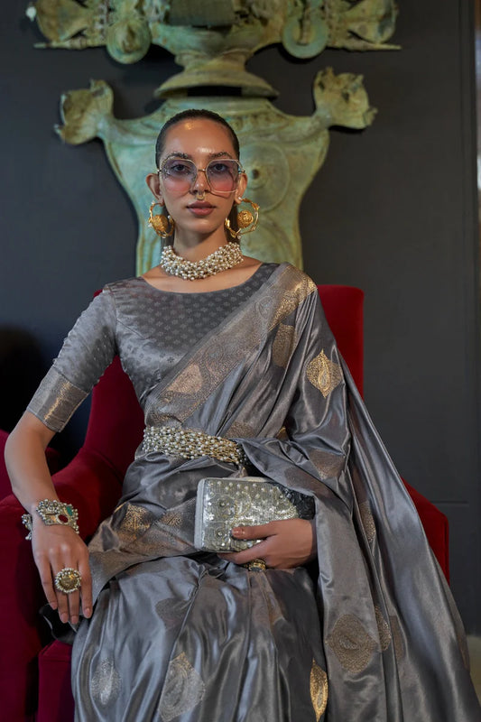 Grey color nylon satin saree with blouse online