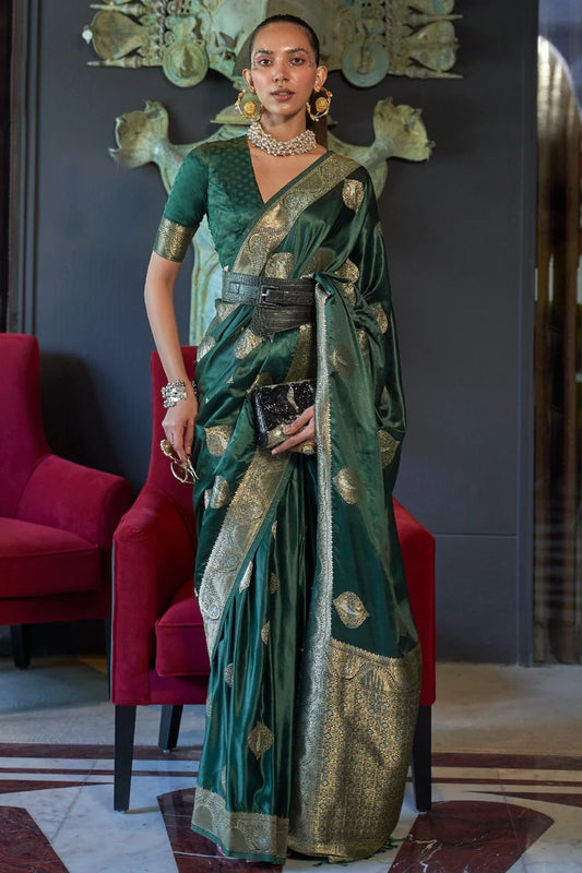 Green color nylon satin saree for women online shopping