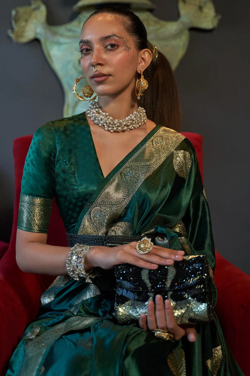 Dark green color nylon satin saree for women
