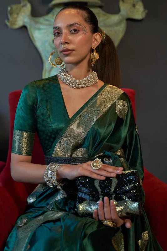 Dark green color nylon satin saree for women