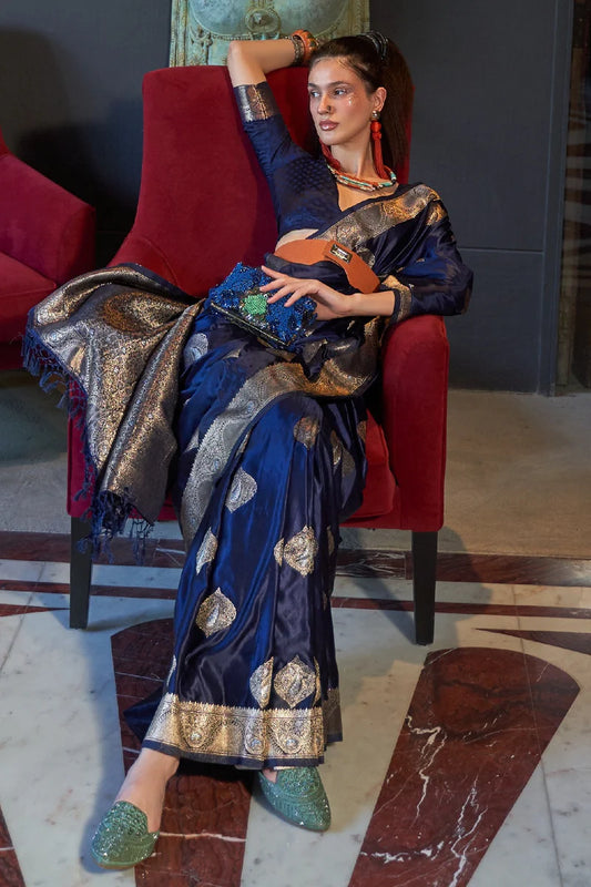 Navy blue color nylon satin saree with blouse price