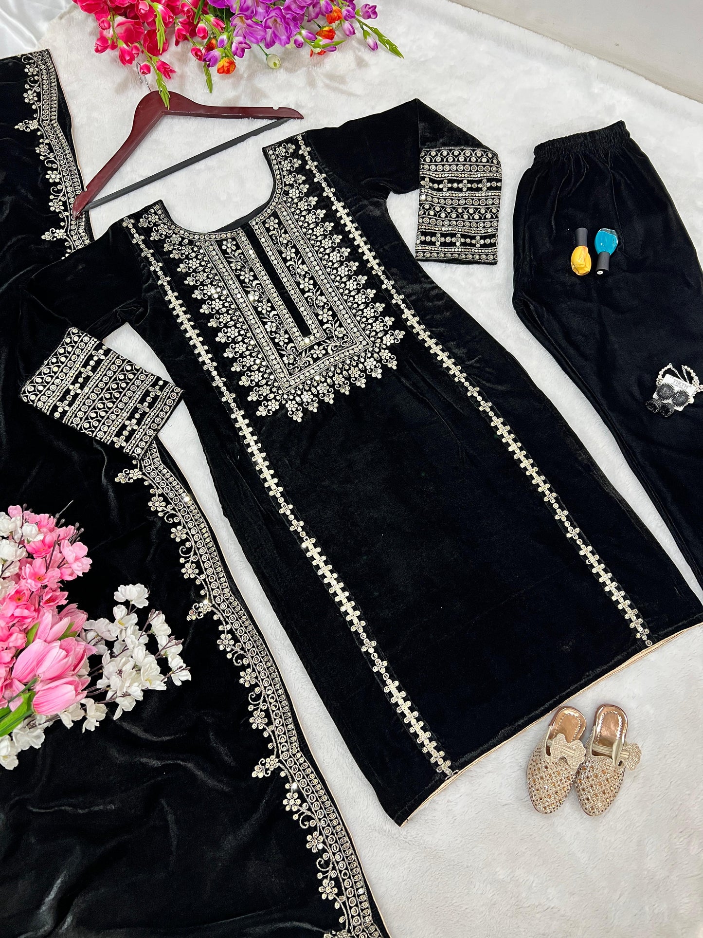 Black color viscose velvet salwar suit with dupatta price