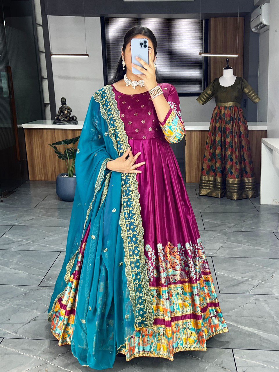 Adorable Navy Blue Kalamkari Printed Silk Gown With Dupatta