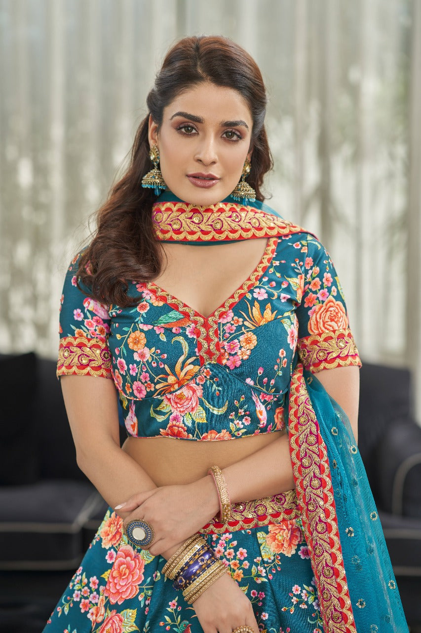 Teal blue silk lehenga with dupatta