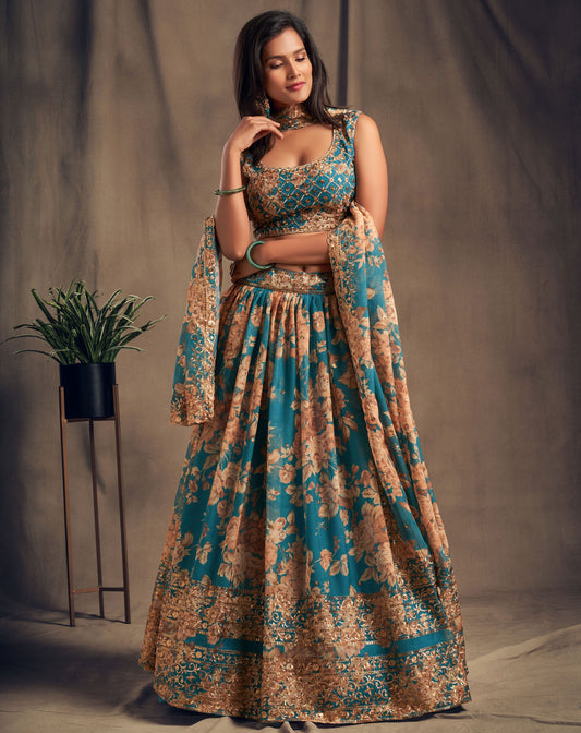 Teal blue organza lehenga choli images