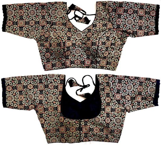 Black color cotton ajrakh printed blouse for women