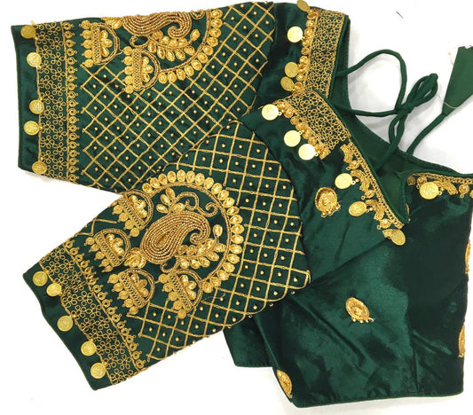 Dark green color silk codding work sarees blouse online