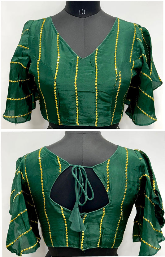 Bottle green color silk sequins work blouse
