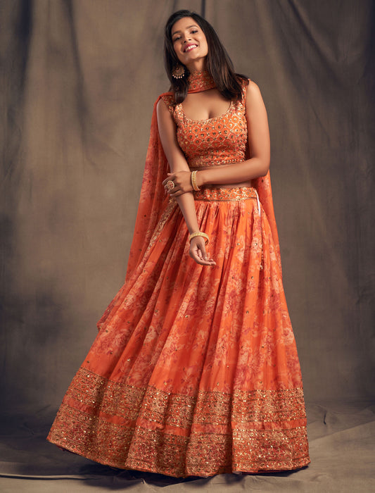Orange organza sequin lehenga for women online