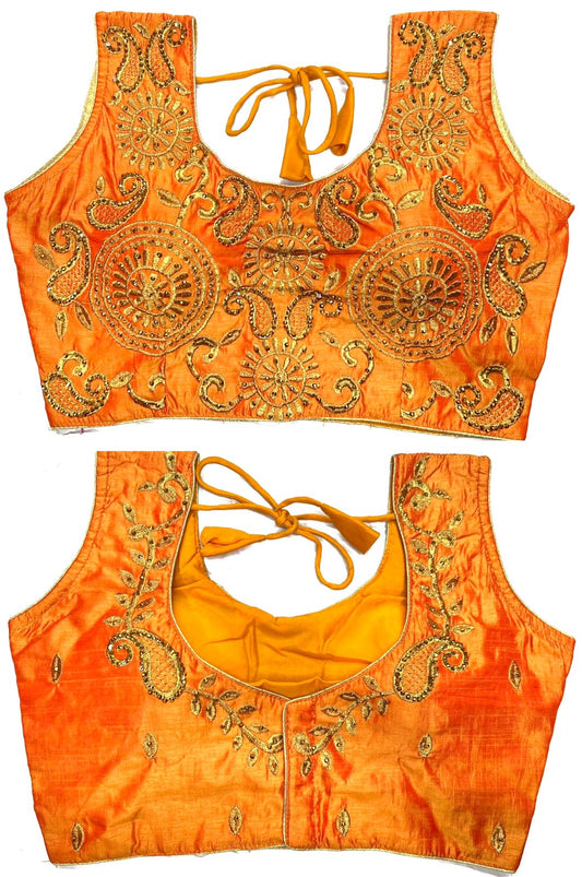 Orange color silk hand work blouse for wedding