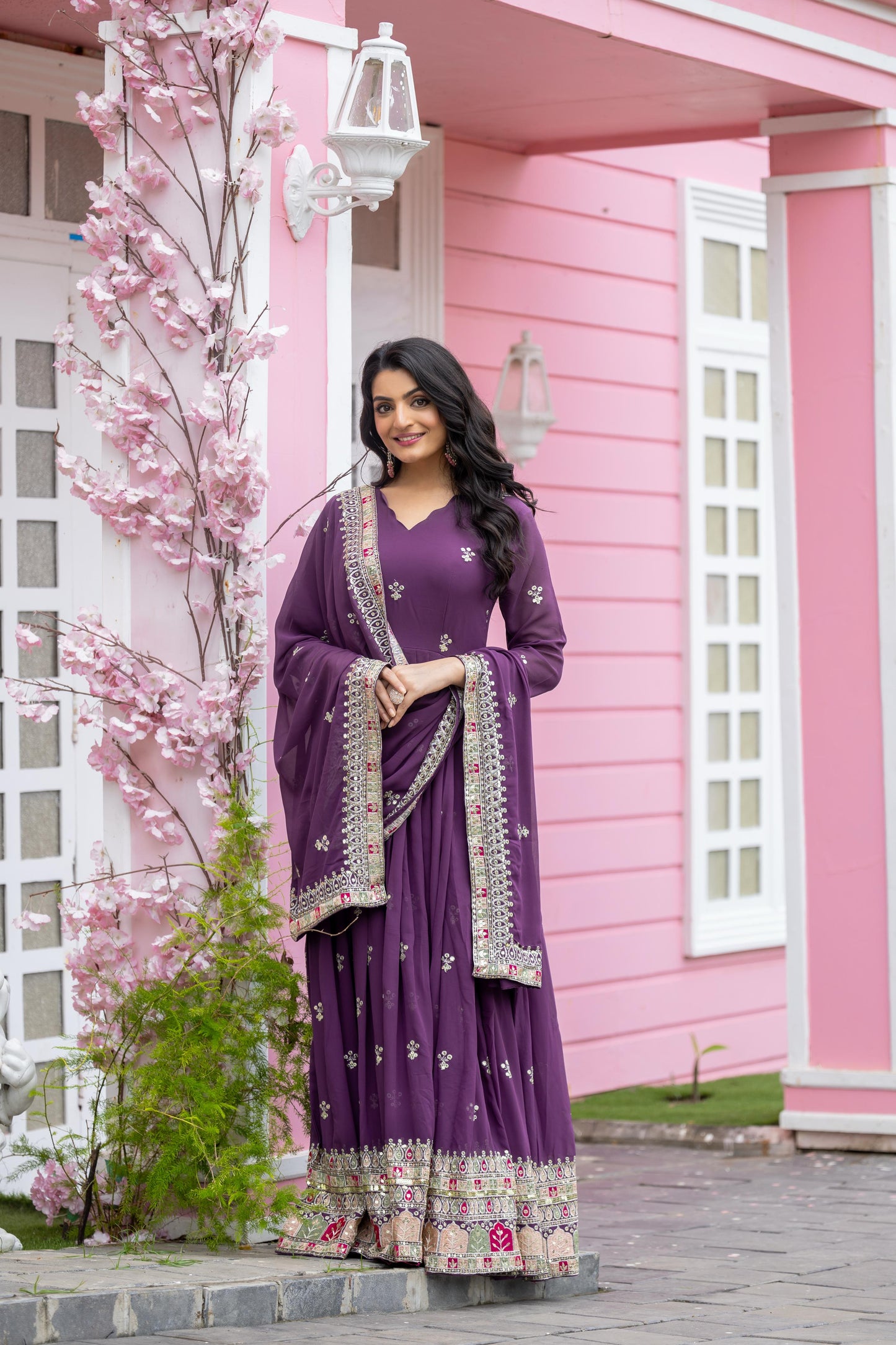Purple color georgette long gown with dupatta images