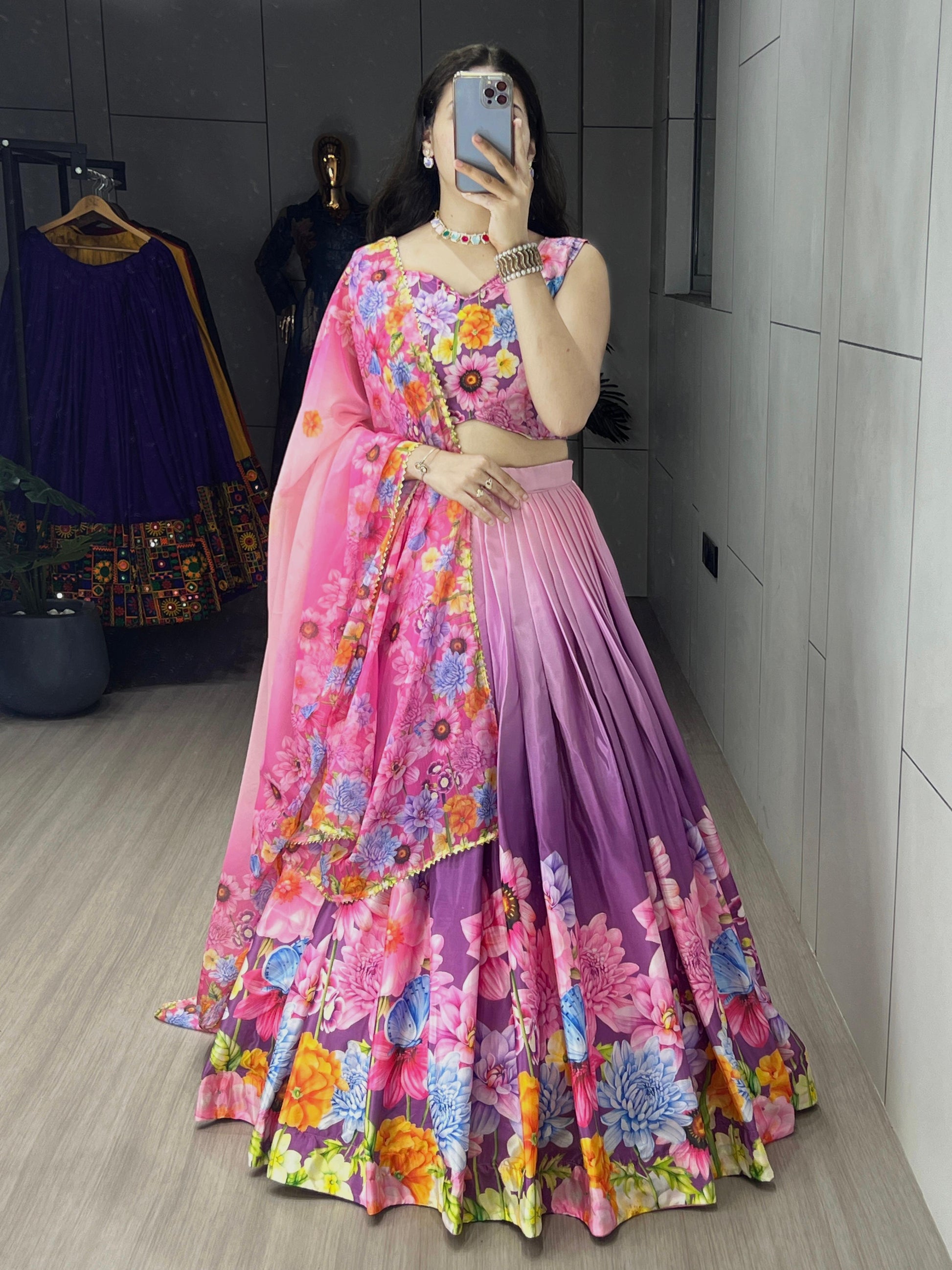 Purple color chinon floral printed lehenga