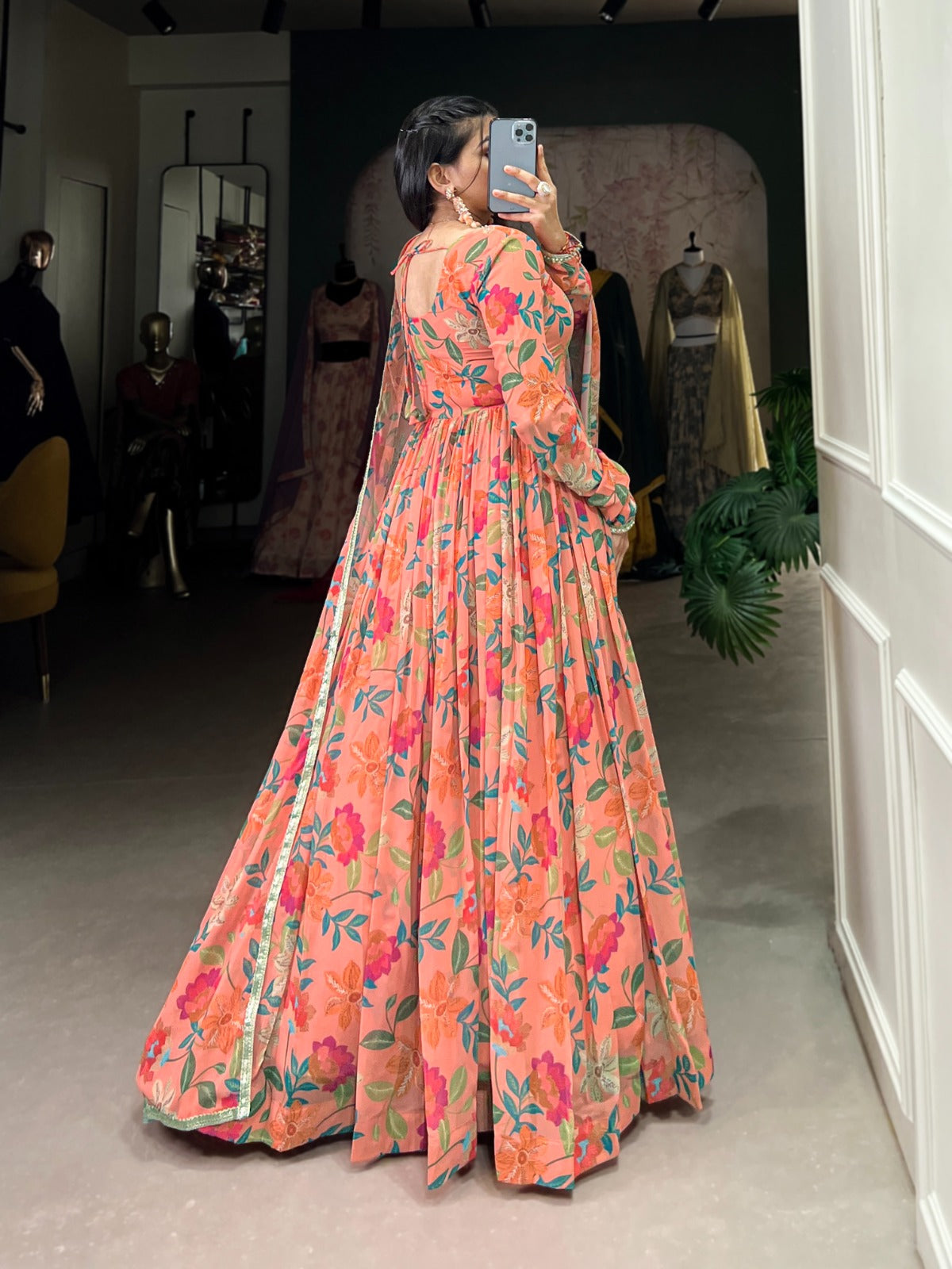 Peach color georgette printed gown with dupatta online shopping