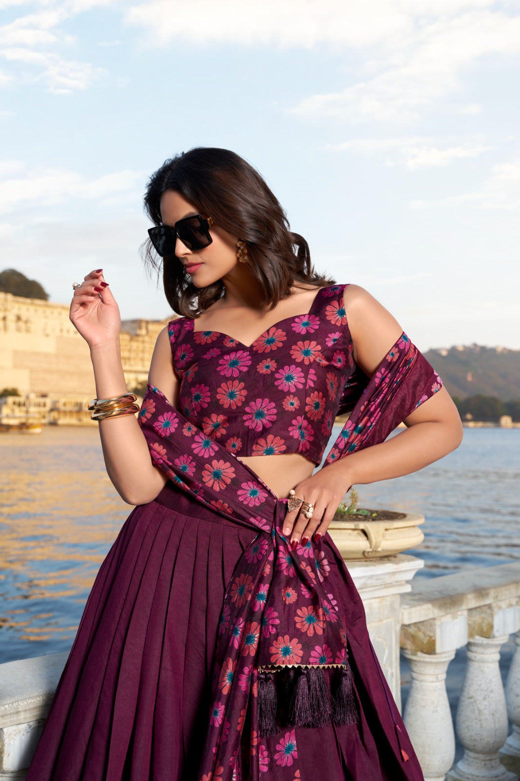 Wine color floral printed lehenga choli images