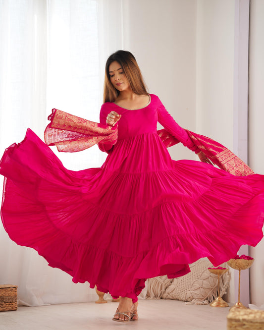Pink color roman silk chanderi long gown with dupatta