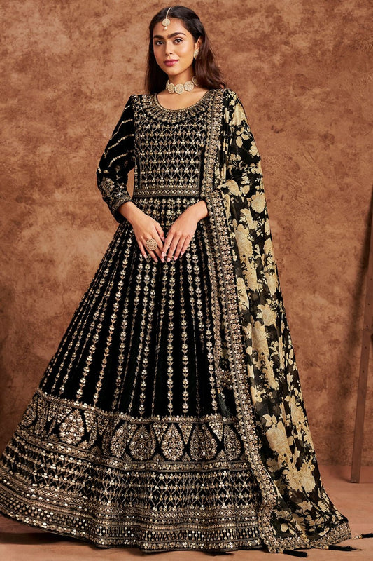 Black color velvet embroidery work long gown