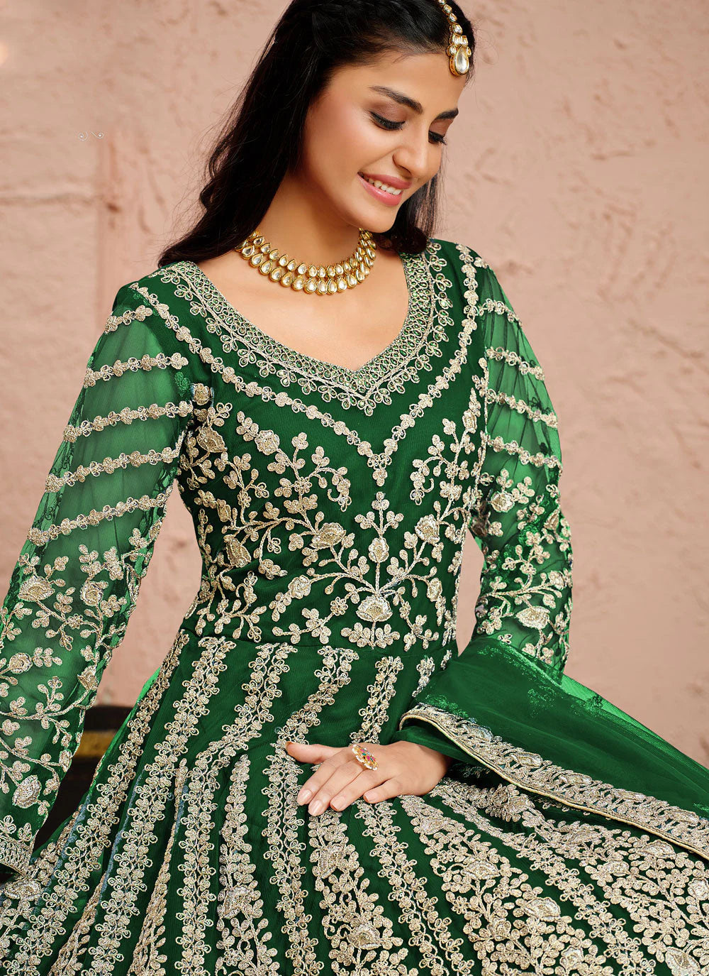 Green color net embroidery work long gown images