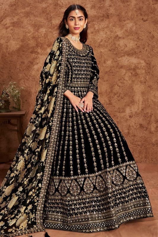 Black color velvet embroidery work long gown online