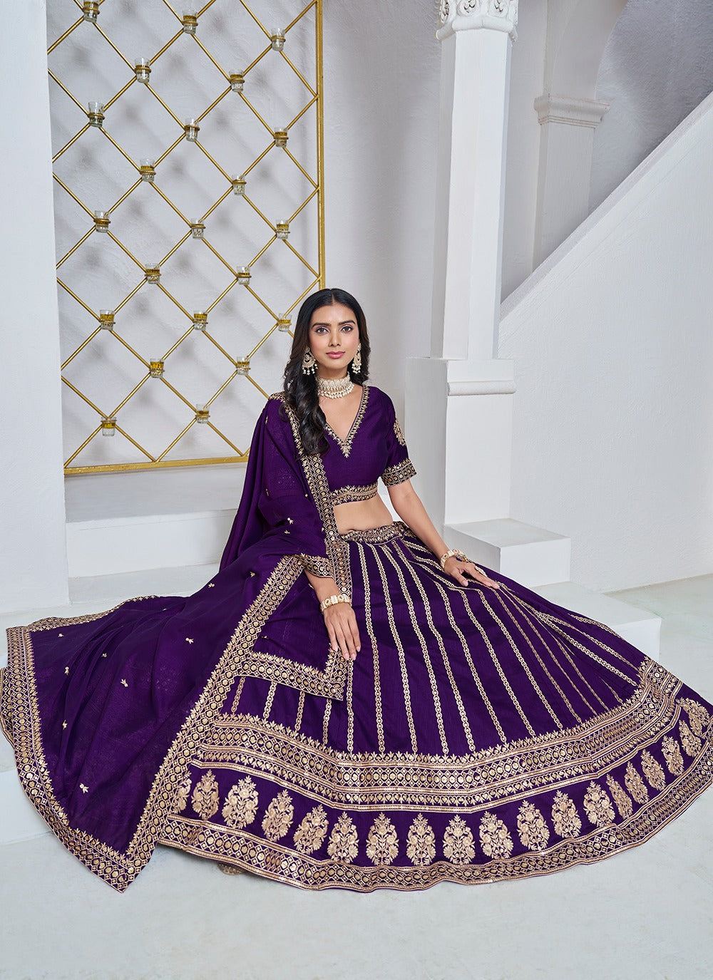 Purple color art silk embroidery work lehenga choli online shopping