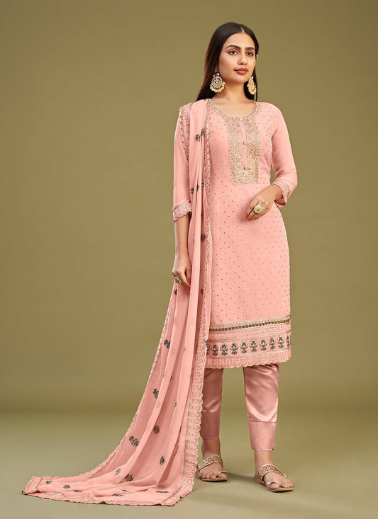 Peach color georgette salwar suit for women with dupatta
