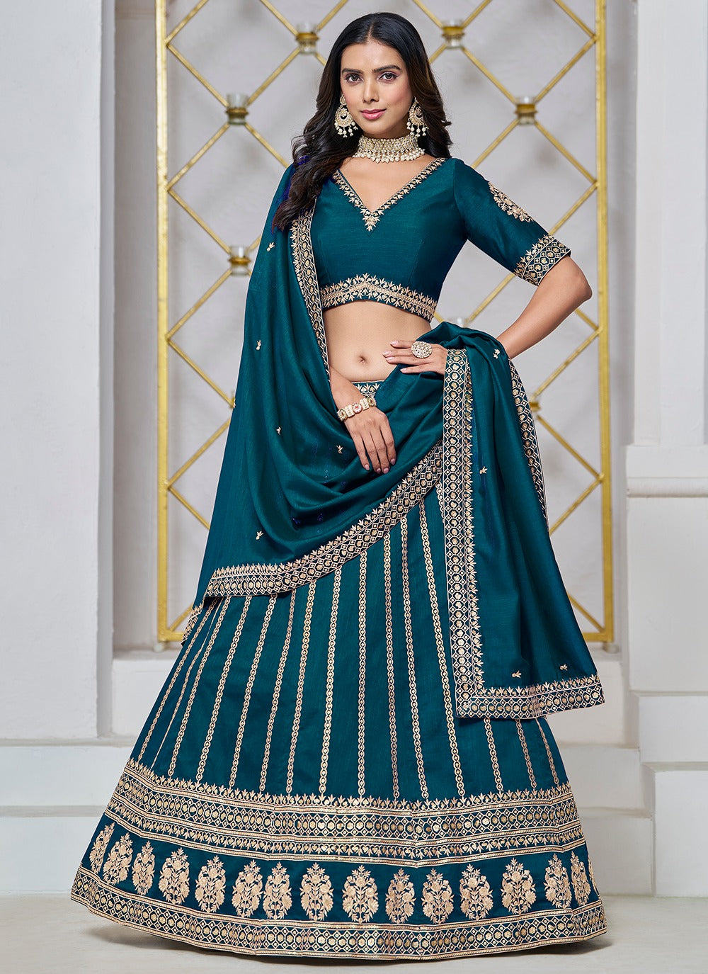 Teal green color art silk lehenga choli