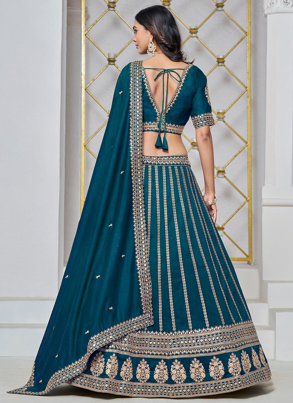 Teal green color art silk lehenga choli for wedding