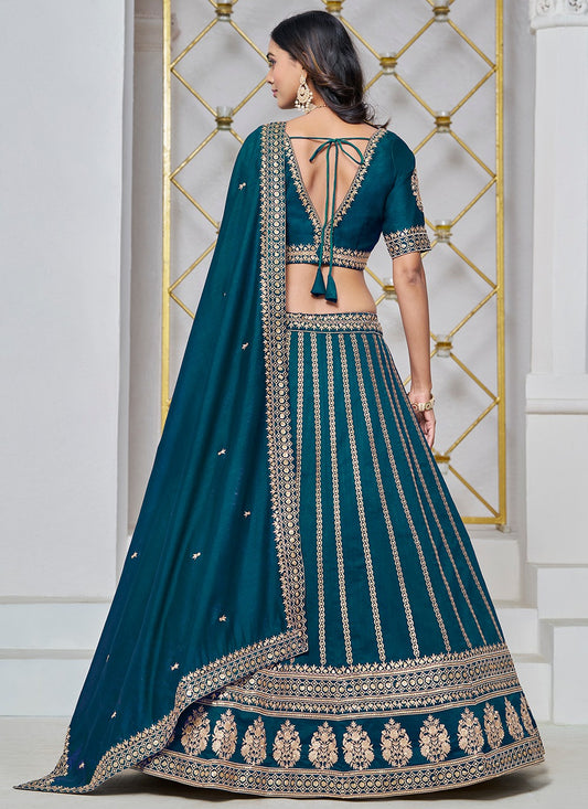 Teal green color art silk lehenga choli for wedding