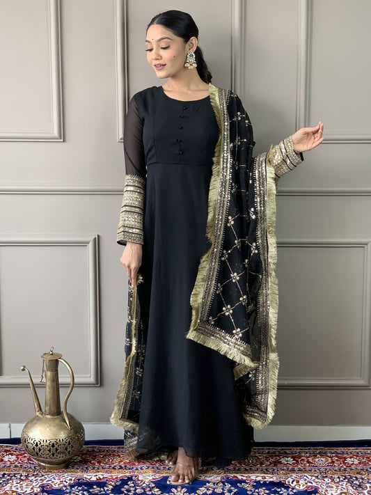 Long black color georgette gown for women