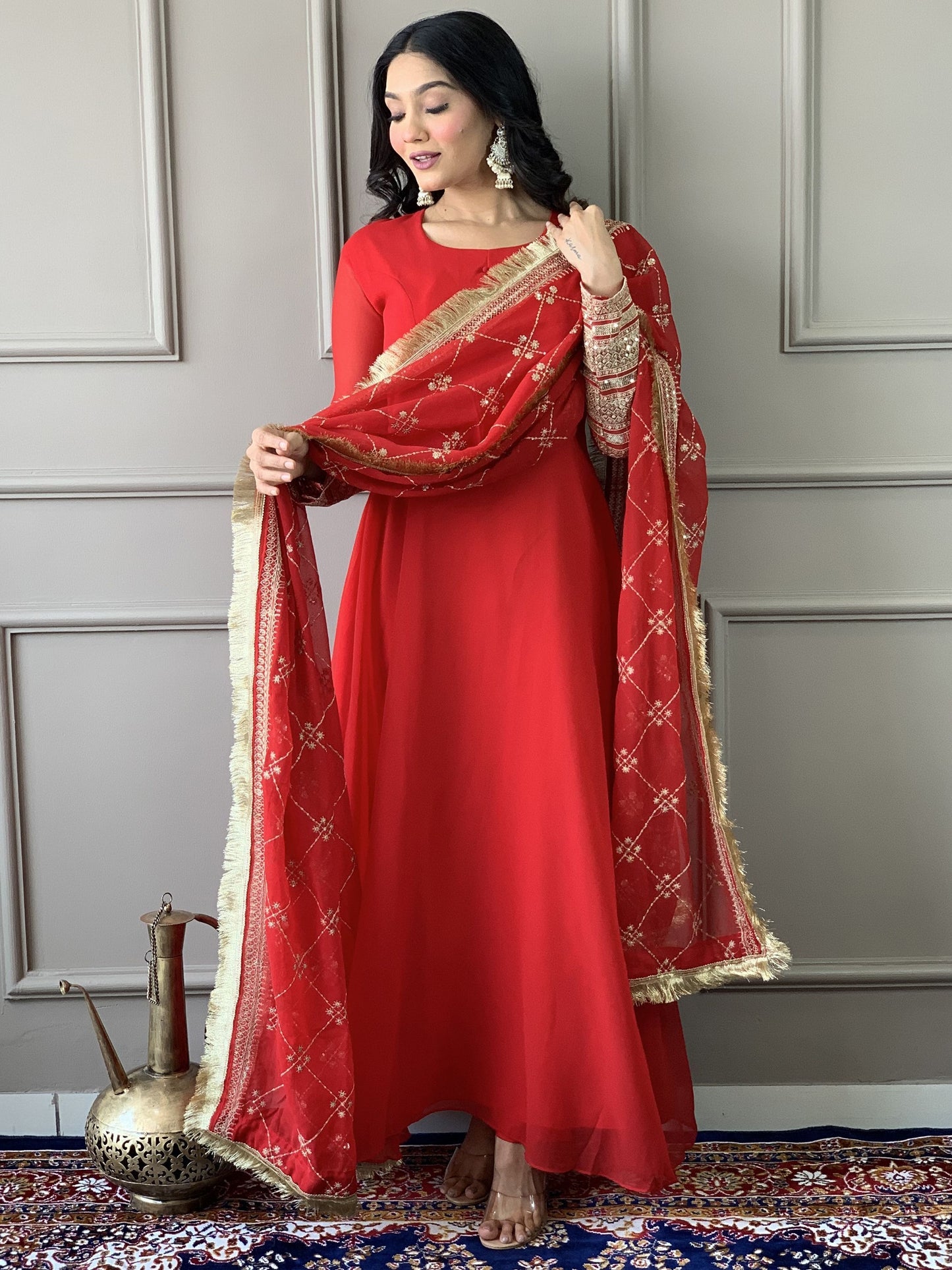 Long sleeve red color georgette gown for women
