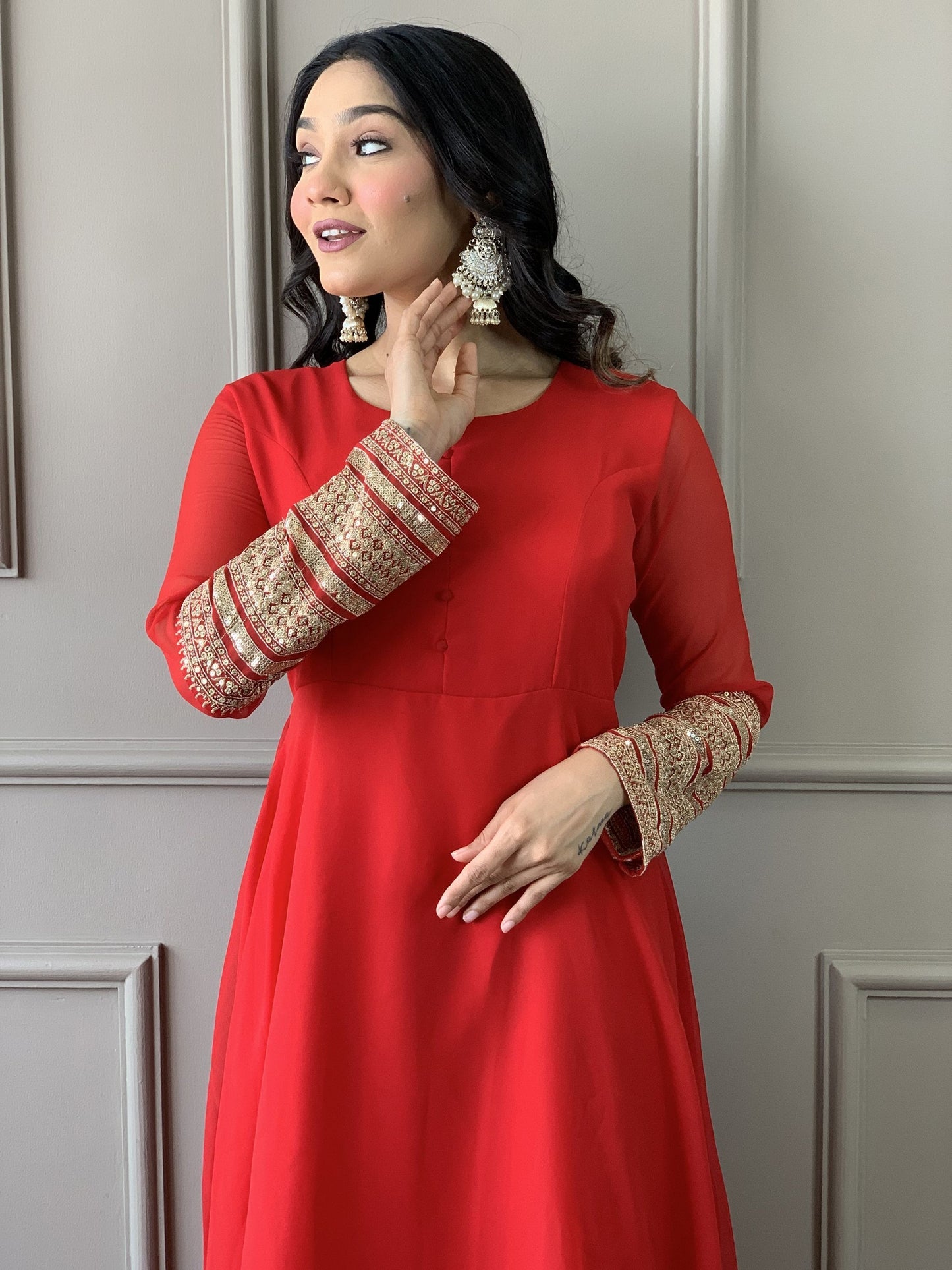 Long red color georgette gown for women
