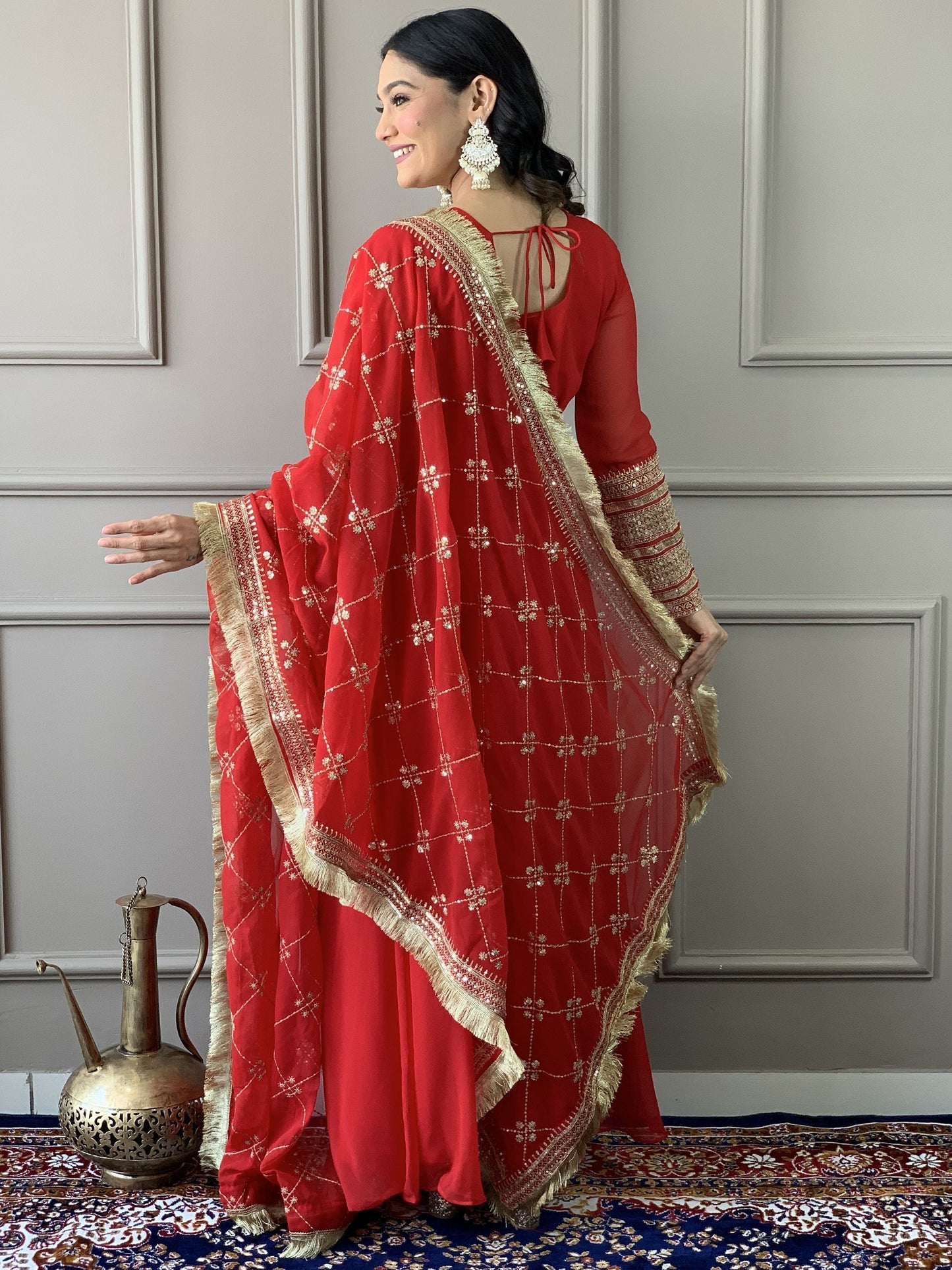 Red color georgette gown for wedding